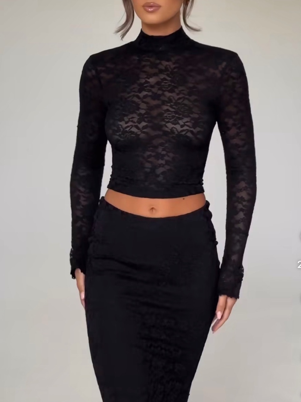 Black Lace Long-Sleeve Crop Top - Women's Blouse